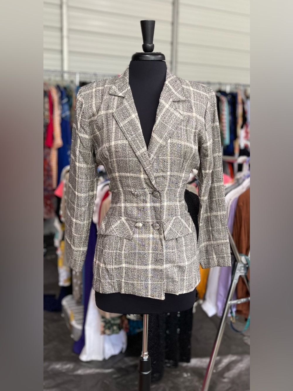 Vintage - Women's Plaid Tailored Blazer Jacket - Gray Windowpane